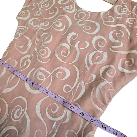 Vintage 80s Pink Velvet Dress with Abstract Swirl Pattern  Keyhole Retro Glam - Picture 8 of 9